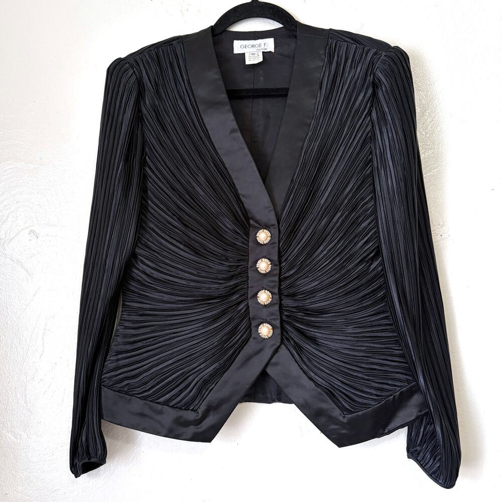 Vintage George F Couture Black Plisse Pleated Rhinestone Evening Jacket 12